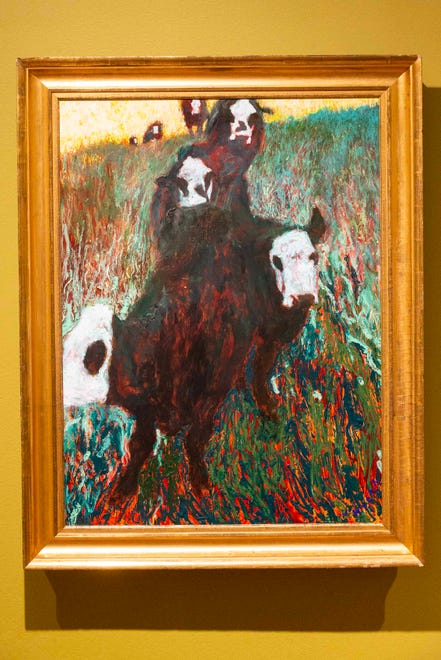 Artist Jamie Wyeth's painting entitled A Midsummer Night's Dusk is featured during the press preview of Wyeth's new exhibition Jamie Wyeth: Unsettled at the Brandywine Museum of Art in Chadds Ford, Pa., Friday, March 15, 2024. The exhibit features more than 50 works drawn from museum and private collections across the country that "trace a persistent vein of intriguing, often disconcerting imagery," over Wyeth's career.