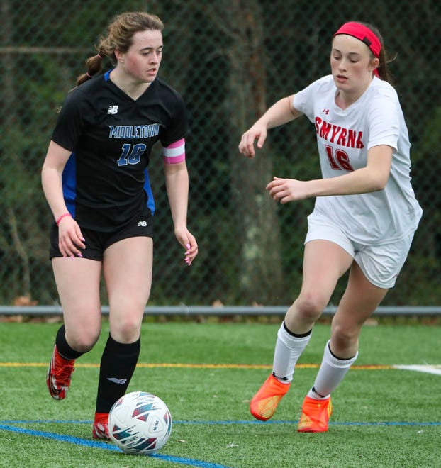 Middletown's Riley Carey (left) works on offense as Smyrna's McKenna Wilson moves in during the second half of the Cavaliers' 5-0 win at Middletown, Thursday, March 28, 2024.