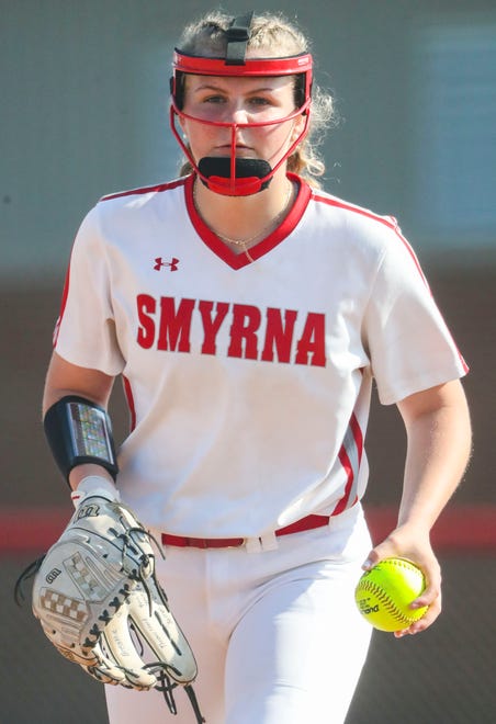 Smyrna's Alexis Dennis looks in to the plate before delivering in the third inning of Polytech's 8-3 win at Smyrna High School, Thursday, April 18, 2024.