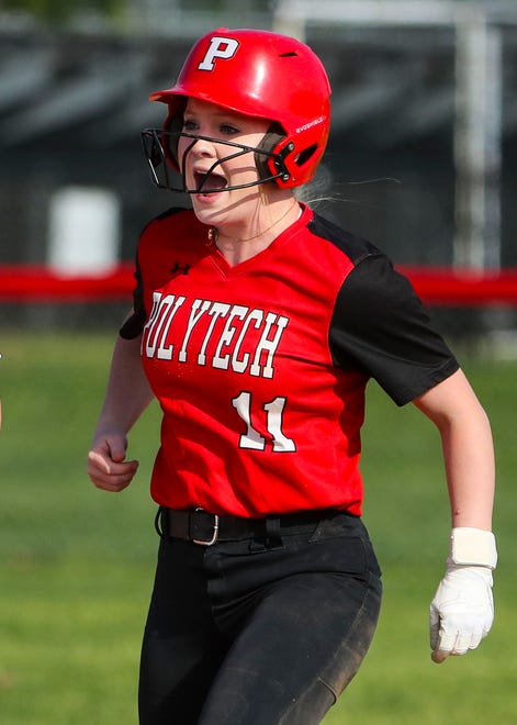 Polytech's Cheyenne Silves reacts as the Panthers extend a fourth inning rally in Polytech's 8-3 win at Smyrna High School, Thursday, April 18, 2024.