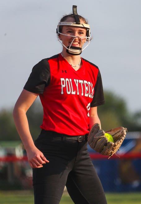 Polytech pitcher Mara Everton looks to her dugout in the last inning of Polytech's 8-3 win at Smyrna High School, Thursday, April 18, 2024.