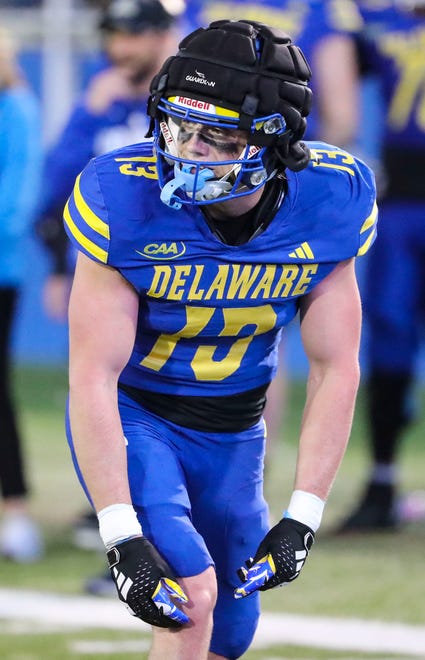 Delaware wide receiver Phil Lutz lines up during the Blue and White Spring Game at Delaware Stadium, Friday, April 19, 2024.