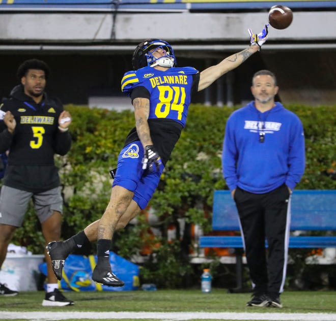 Delaware wide receiver Santino Correa can't reach a pass during the Blue and White Spring Game at Delaware Stadium, Friday, April 19, 2024.